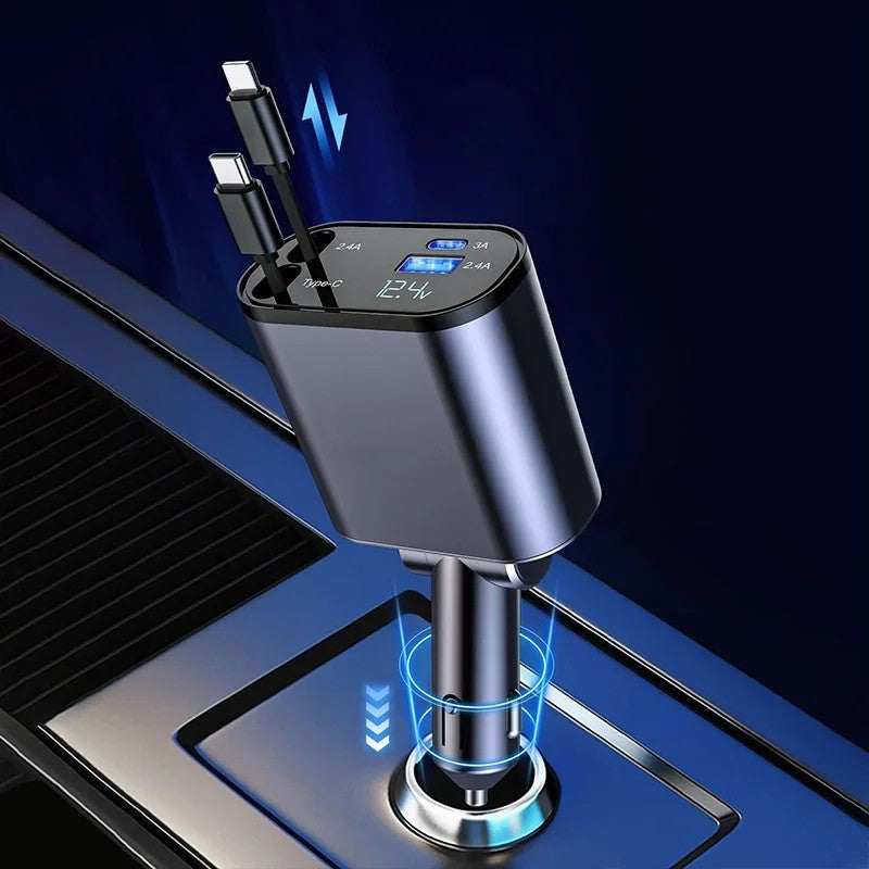 100W 4-in-1 Retractable Car Charger – USB-C Fast Charging Cable for iPhone & Samsung – Cigarette Lighter Adapter