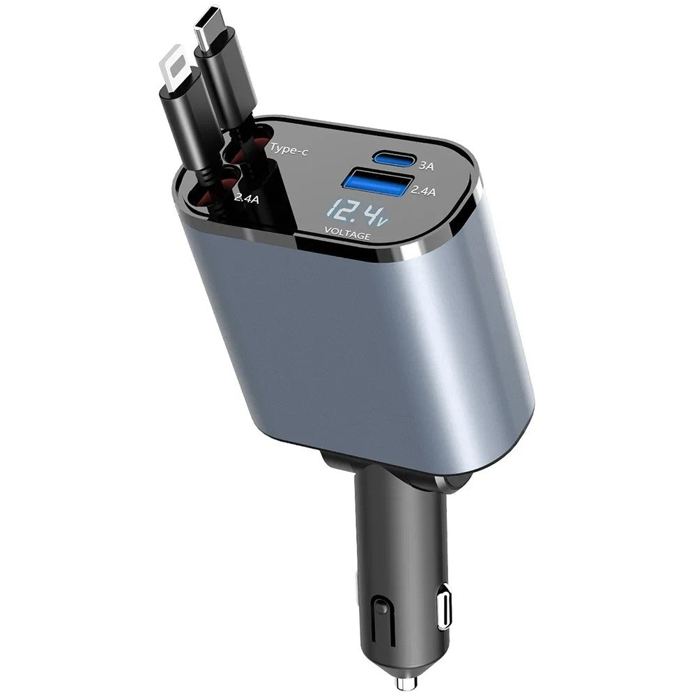 100W 4-in-1 Retractable Car Charger – USB-C Fast Charging Cable for iPhone & Samsung – Cigarette Lighter Adapter