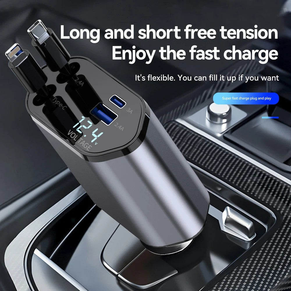 100W 4-in-1 Retractable Car Charger – USB-C Fast Charging Cable for iPhone & Samsung – Cigarette Lighter Adapter