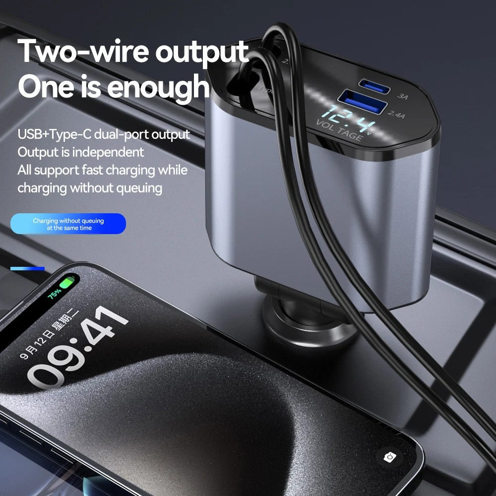 100W 4-in-1 Retractable Car Charger – USB-C Fast Charging Cable for iPhone & Samsung – Cigarette Lighter Adapter