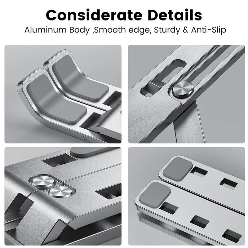 Aluminum Laptop Stand – Adjustable, Foldable & Portable Notebook Holder – Non-Slip Cooling Desk Mount for MacBook/PC