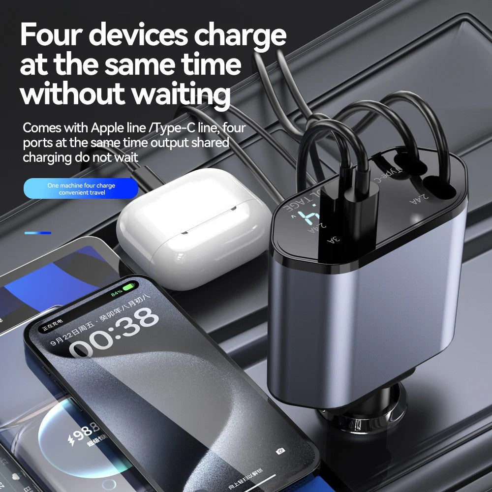100W 4-in-1 Retractable Car Charger – USB-C Fast Charging Cable for iPhone & Samsung – Cigarette Lighter Adapter