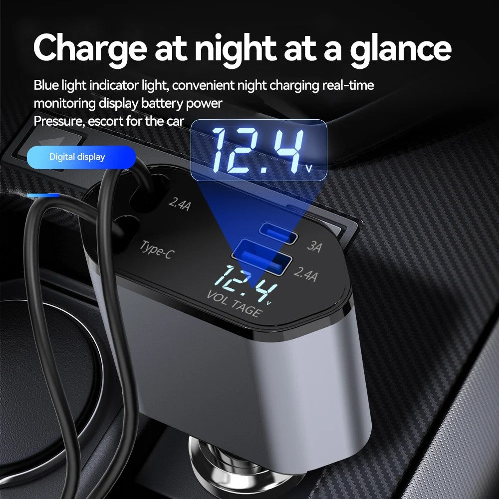 100W 4-in-1 Retractable Car Charger – USB-C Fast Charging Cable for iPhone & Samsung – Cigarette Lighter Adapter