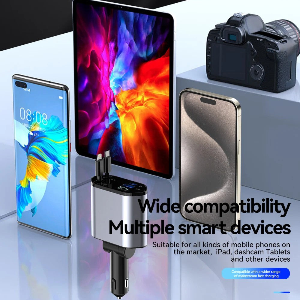 100W 4-in-1 Retractable Car Charger – USB-C Fast Charging Cable for iPhone & Samsung – Cigarette Lighter Adapter